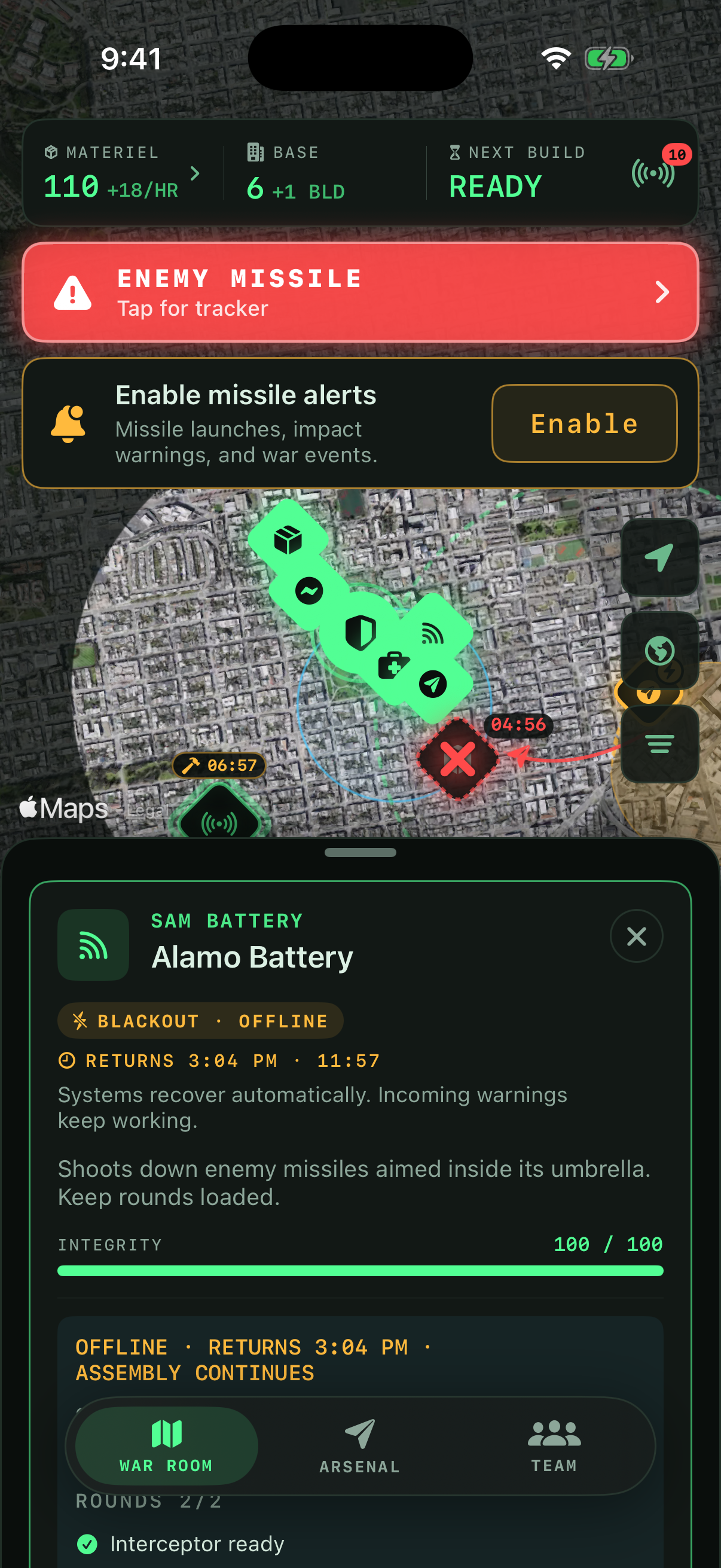 A SAM Battery shows its BLACKOUT outage, automatic return time, and stored rounds.
