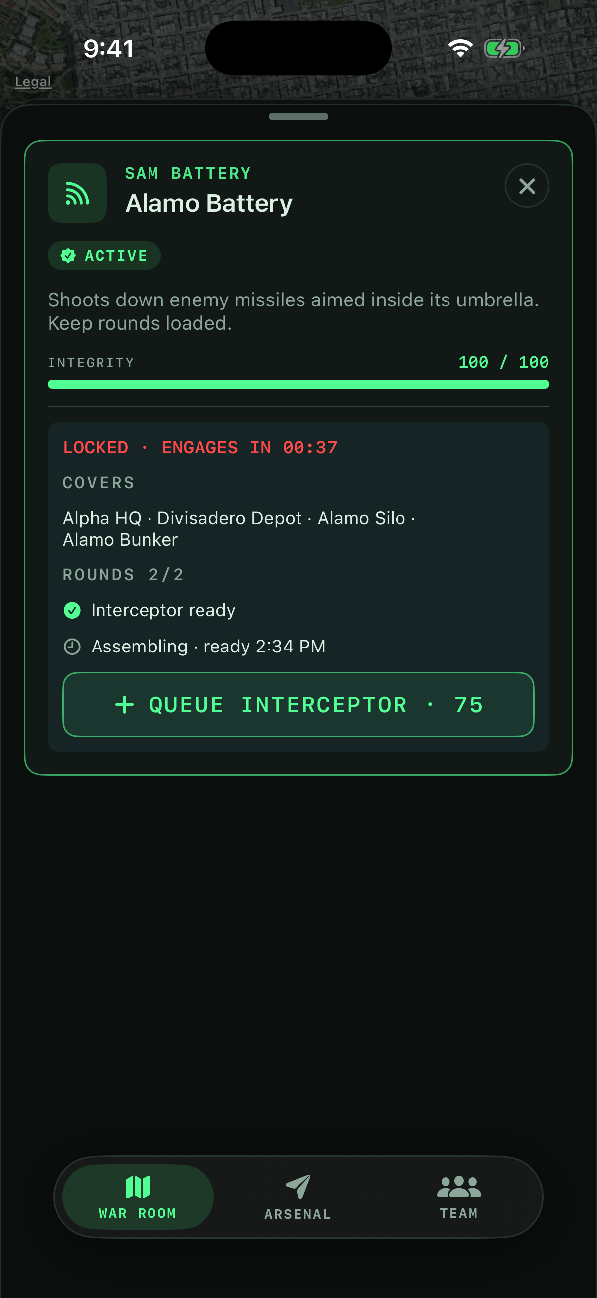 Keep interceptors loaded and see which facilities your battery covers.